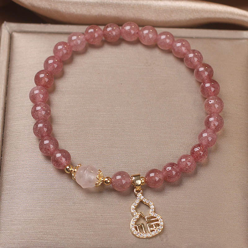 Buddha Stones Strawberry Quartz Gourd Fu Character Charm Positive Bracelet - image 1