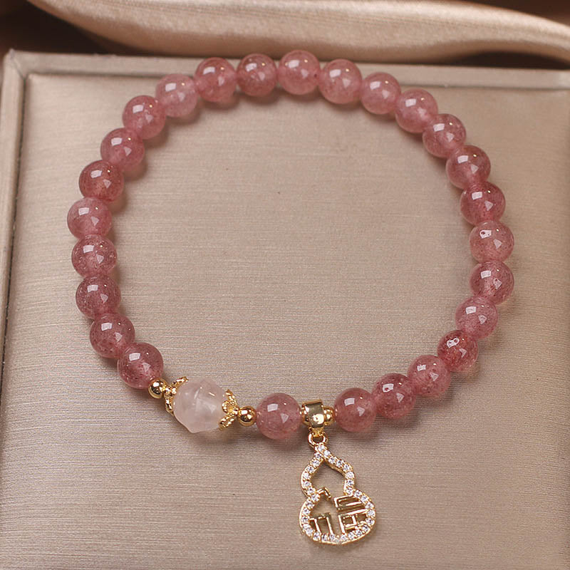 Buddha Stones Strawberry Quartz Gourd Fu Character Charm Positive Bracelet - image 6
