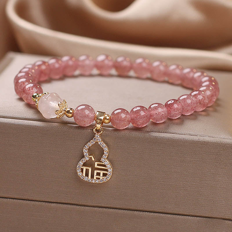 Buddha Stones Strawberry Quartz Gourd Fu Character Charm Positive Bracelet - image 4