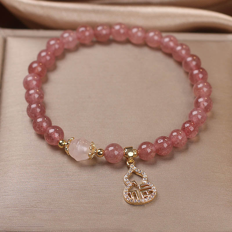 Buddha Stones Strawberry Quartz Gourd Fu Character Charm Positive Bracelet - image 7
