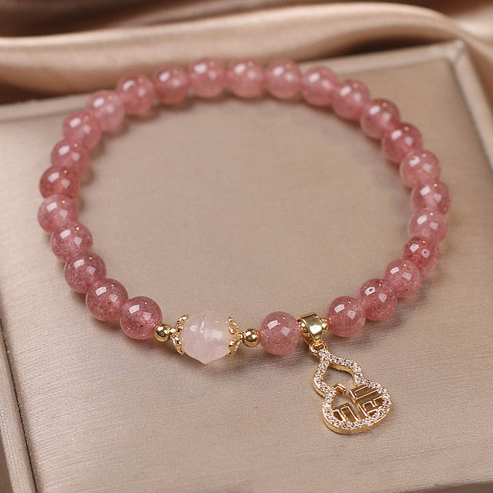 Buddha Stones Strawberry Quartz Gourd Fu Character Charm Positive Bracelet - image 2