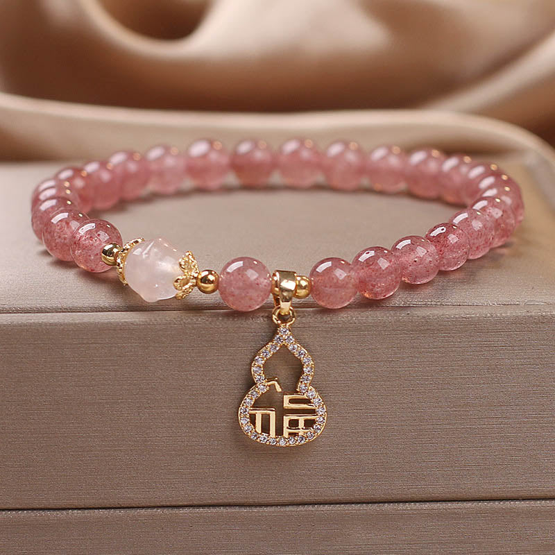 Buddha Stones Strawberry Quartz Gourd Fu Character Charm Positive Bracelet - Strawberry Quartz(Wrist Circumference 14-16cm) - image 0