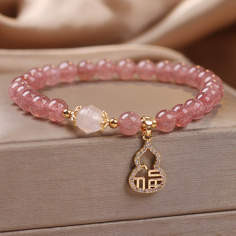 Buddha Stones Strawberry Quartz Gourd Fu Character Charm Positive Bracelet - image 3