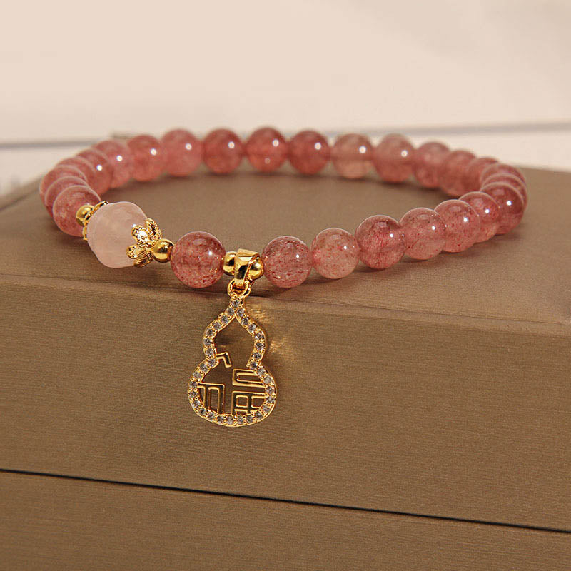 Buddha Stones Strawberry Quartz Gourd Fu Character Charm Positive Bracelet - image 13