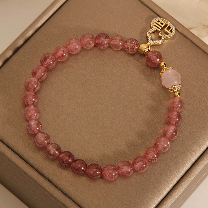 Buddha Stones Strawberry Quartz Gourd Fu Character Charm Positive Bracelet - image 12