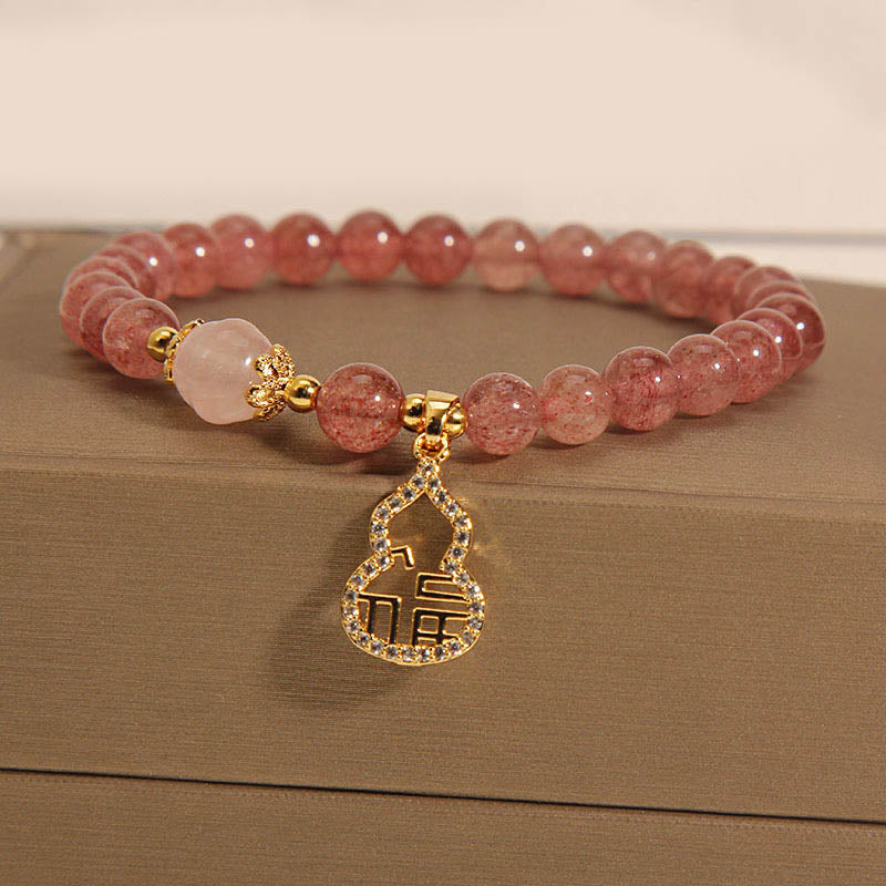 Buddha Stones Strawberry Quartz Gourd Fu Character Charm Positive Bracelet - image 9
