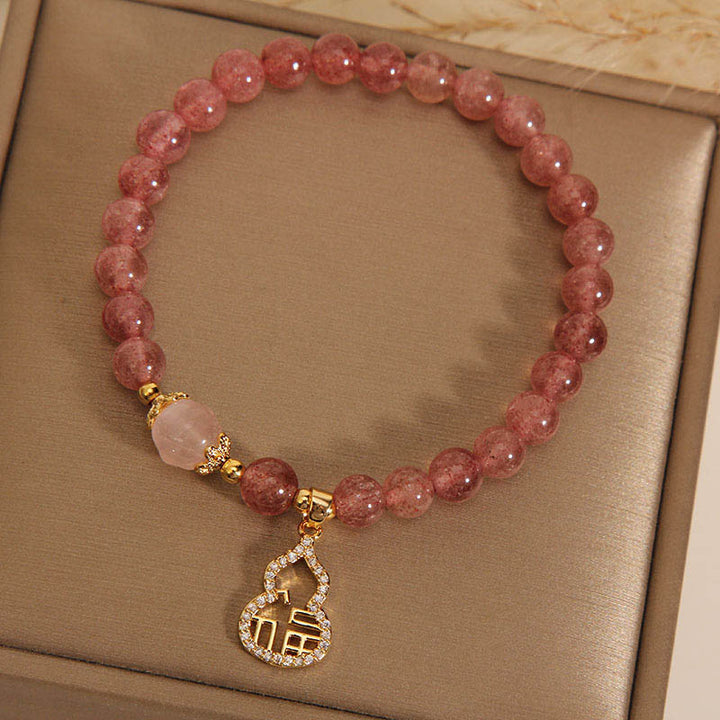 Buddha Stones Strawberry Quartz Gourd Fu Character Charm Positive Bracelet - image 10