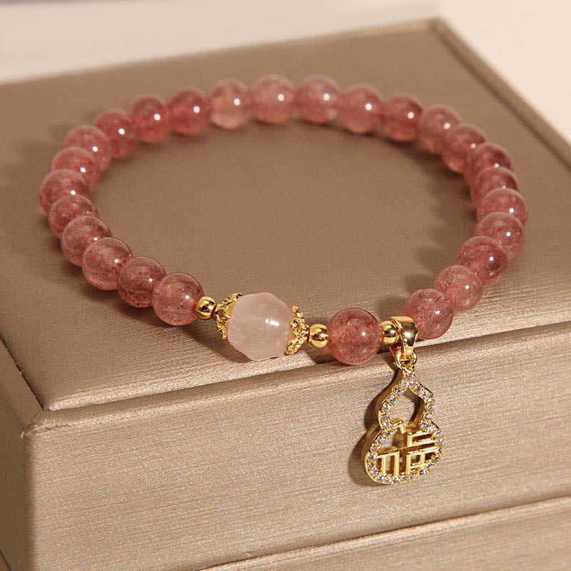 Buddha Stones Strawberry Quartz Gourd Fu Character Charm Positive Bracelet - image 8