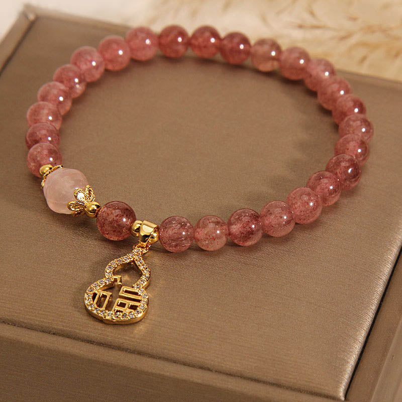 Buddha Stones Strawberry Quartz Gourd Fu Character Charm Positive Bracelet - image 11