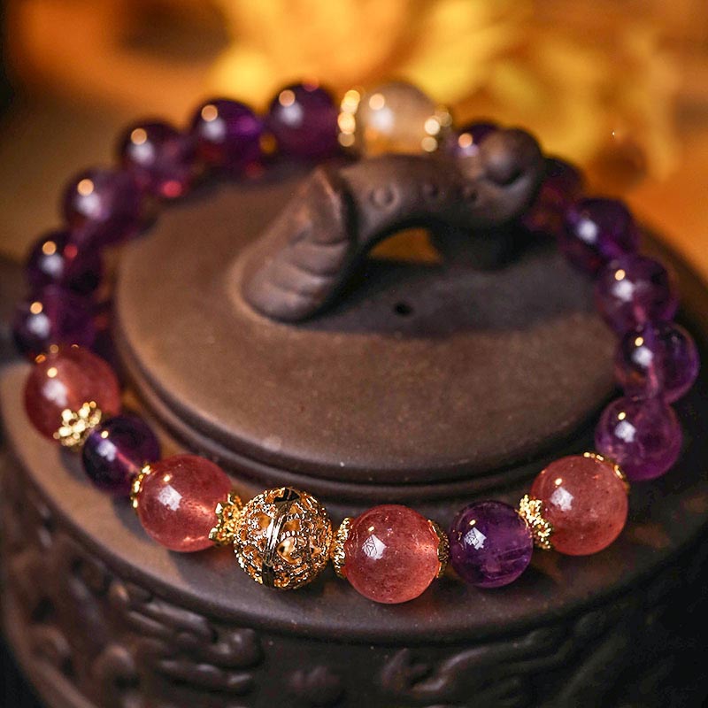 Buddha Stones Natural Citrine Amethyst Rutilated Quartz Prosperity Protection Bracelet - Amethyst(Wrist Circumference 14-16cm) - image 6