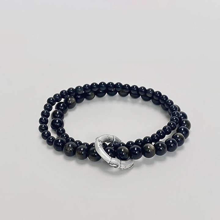 Buddha Stones 999 Sterling Silver Black Obsidian Fulfillment Strength Double Layer Bracelet - Black Obsidian(Wrist Circumference 14-16cm) - image 0