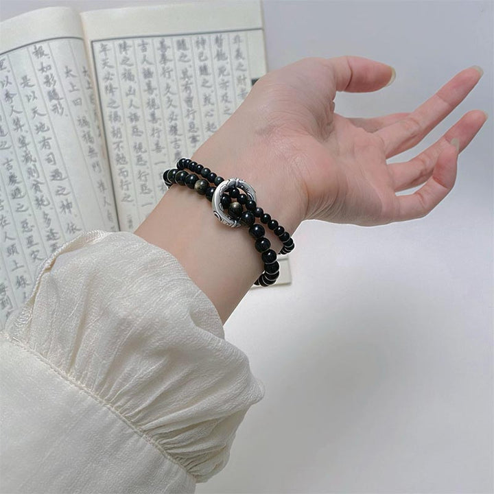 Buddha Stones 999 Sterling Silver Black Obsidian Fulfillment Strength Double Layer Bracelet - image 6