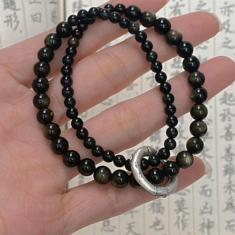 Buddha Stones 999 Sterling Silver Black Obsidian Fulfillment Strength Double Layer Bracelet - image 2