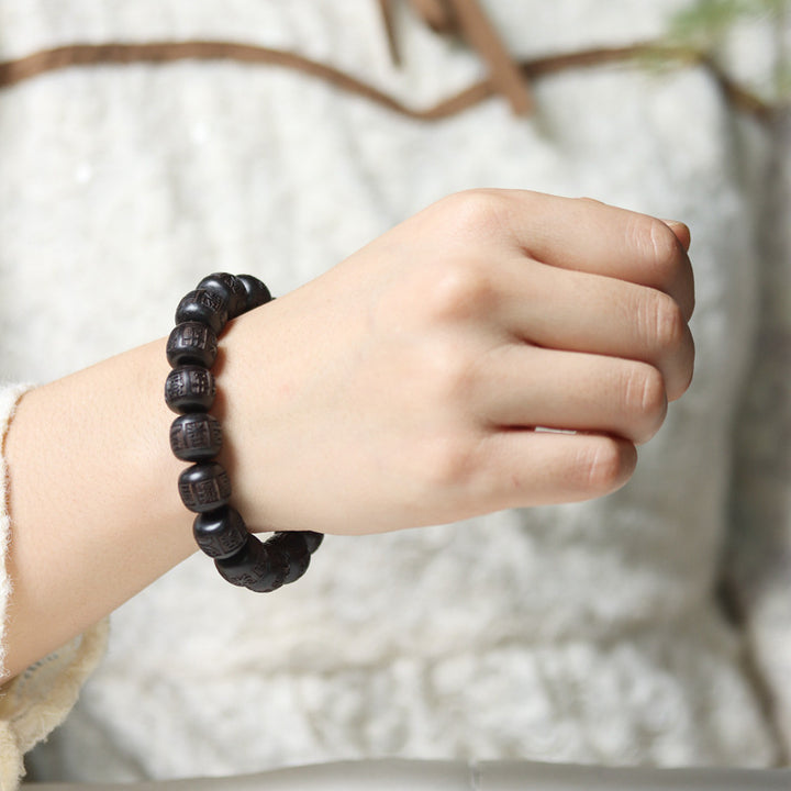 Buddha Stones Tibet Ebony Wood Om Mani Padme Hum Engraved Balance Bracelet - image 7