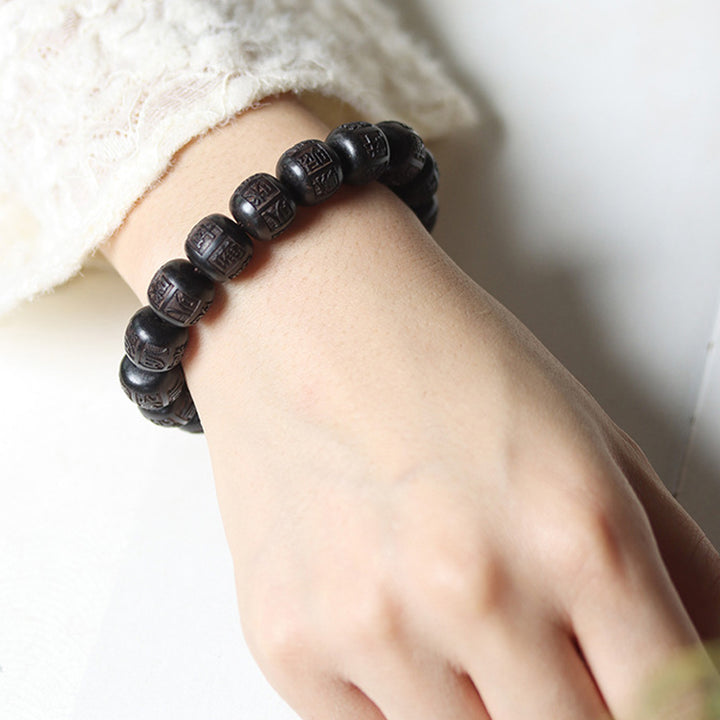 Buddha Stones Tibet Ebony Wood Om Mani Padme Hum Engraved Balance Bracelet - image 9