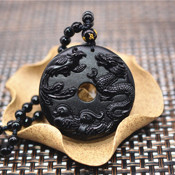 Buddha Stones Black Obsidian Dragon Phoenix Mandarin Duck Luck Protection Necklace Pendant - image 4