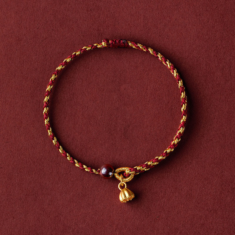 Buddha Stones Handcrafted Red Gold Rope Lotus Peace And Joy Charm Braid Bracelet - Golden Lotus Pod Charm - Dark Red Gold(Wrist Circumference 14-16cm) - image 0