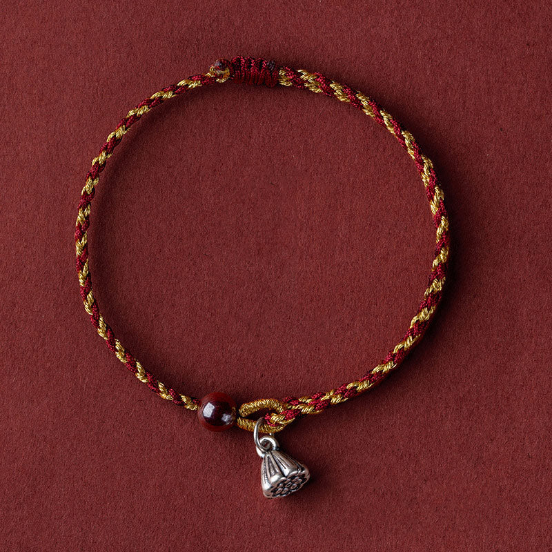 Buddha Stones Handcrafted Red Gold Rope Lotus Peace And Joy Charm Braid Bracelet - Silver Lotus Pod Charm - Dark Red Gold(Wrist Circumference 14-16cm) - image 12