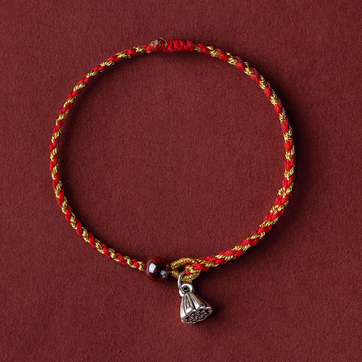 Buddha Stones Handcrafted Red Gold Rope Lotus Peace And Joy Charm Braid Bracelet - Silver Lotus Pod Charm - Red Gold(Wrist Circumference 14-16cm) - image 15