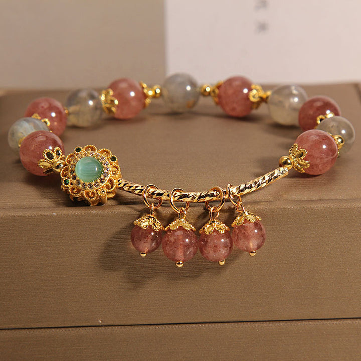 Buddha Stones Strawberry Quartz Moonstone Healing Tassel Charm Bracelet - Strawberry Quartz&Moonstone(Wrist Circumference 14-16cm) - image 0