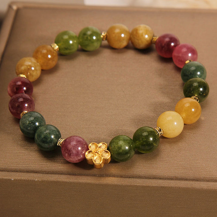 Buddha Stones Natural Colorful Tourmaline Golden Flower Positive Bracelet - Tourmaline(Positive♥Love)(Wrist Circumference 14-16cm) - image 0