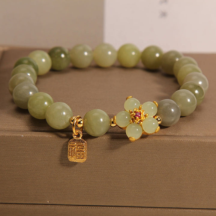 Buddha Stones Green Jade Flower Fu Character Charm Luck Bracelet - Jade(Wrist Circumference 14-16cm) - image 0