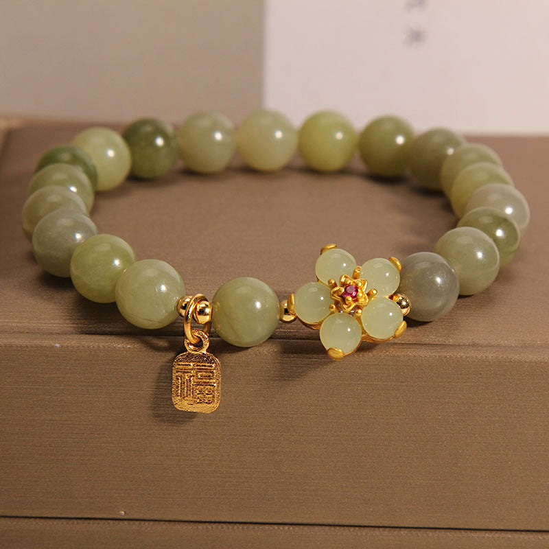 Buddha Stones Green Jade Flower Fu Character Charm Luck Bracelet - image 3