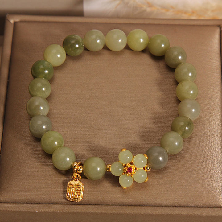 Buddha Stones Green Jade Flower Fu Character Charm Luck Bracelet - image 7