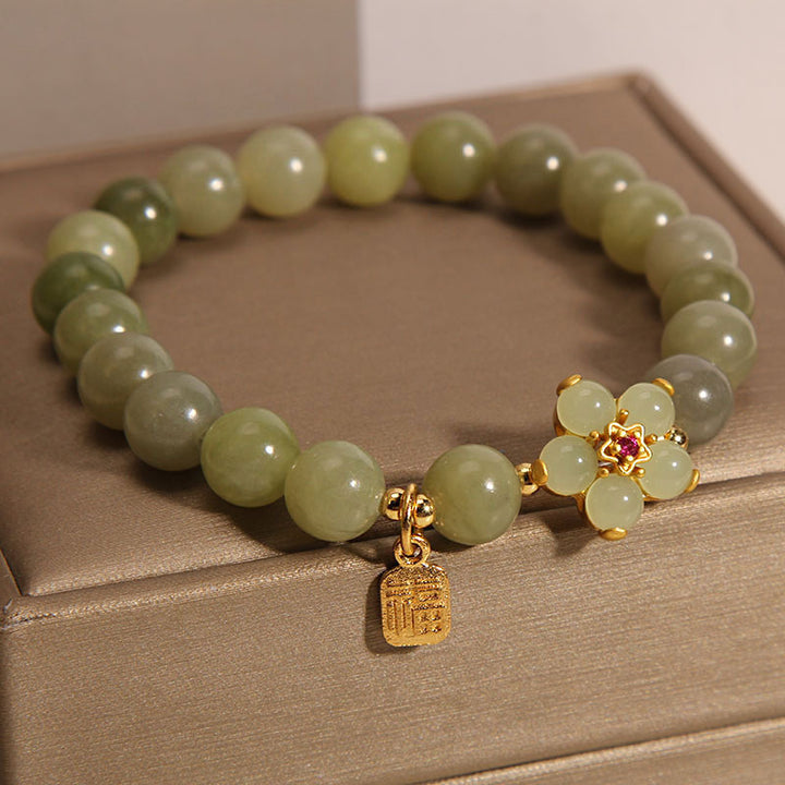Buddha Stones Green Jade Flower Fu Character Charm Luck Bracelet - image 9