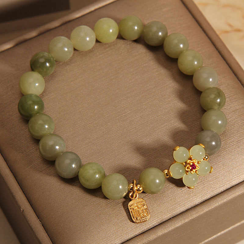 Buddha Stones Green Jade Flower Fu Character Charm Luck Bracelet - image 9