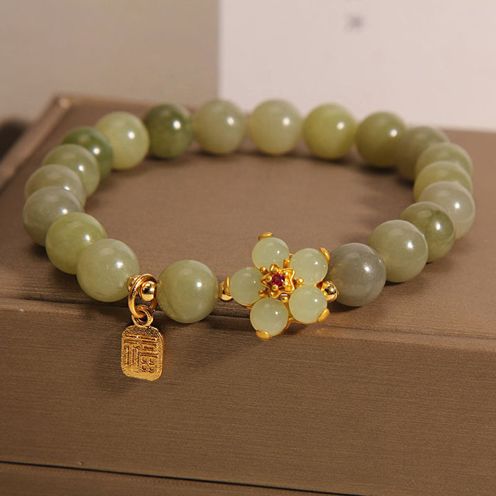 Buddha Stones Green Jade Flower Fu Character Charm Luck Bracelet - image 10