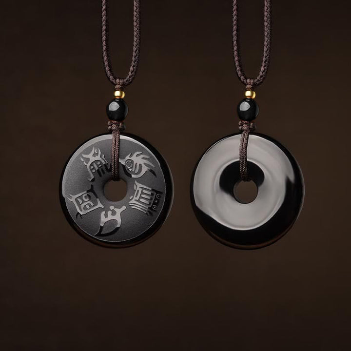 Buddha Stones Black Obsidian Taoism Five Sacred Mountains Carved Strength Peace Buckle Necklace Pendant Key Chain Phone Hanging Decoration - image 0