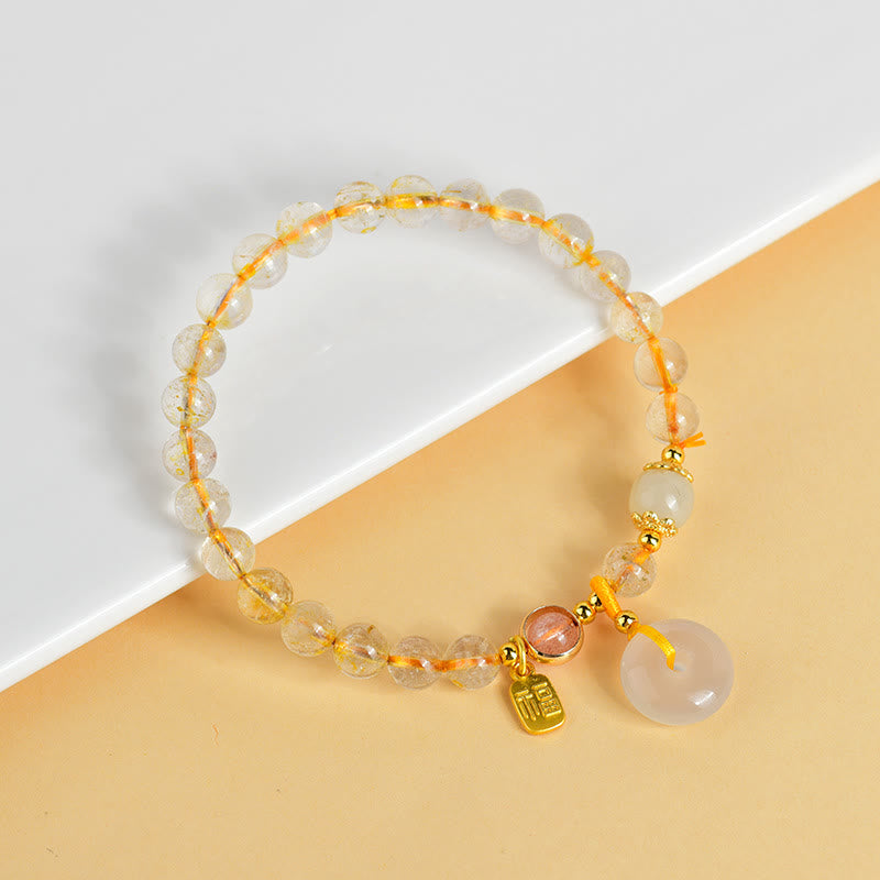 Buddha Stones Natural Golden Rutilated Quartz Fu Character Peace Buckle Charm Wealth Bracelet - image 4