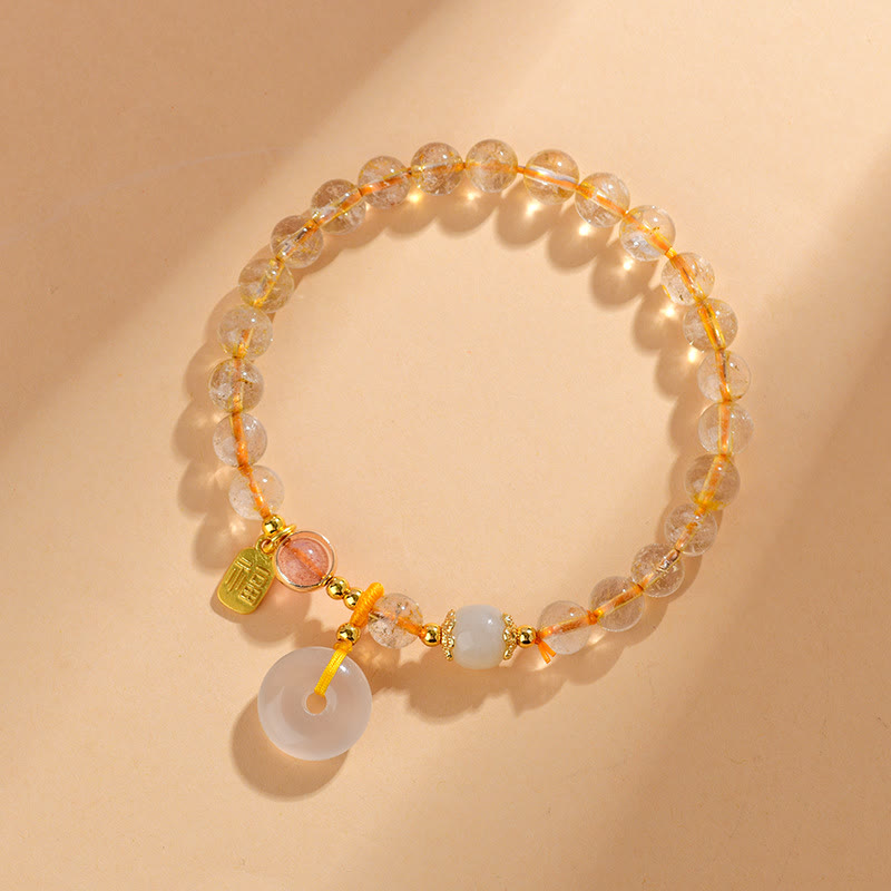 Buddha Stones Natural Golden Rutilated Quartz Fu Character Peace Buckle Charm Wealth Bracelet - image 2
