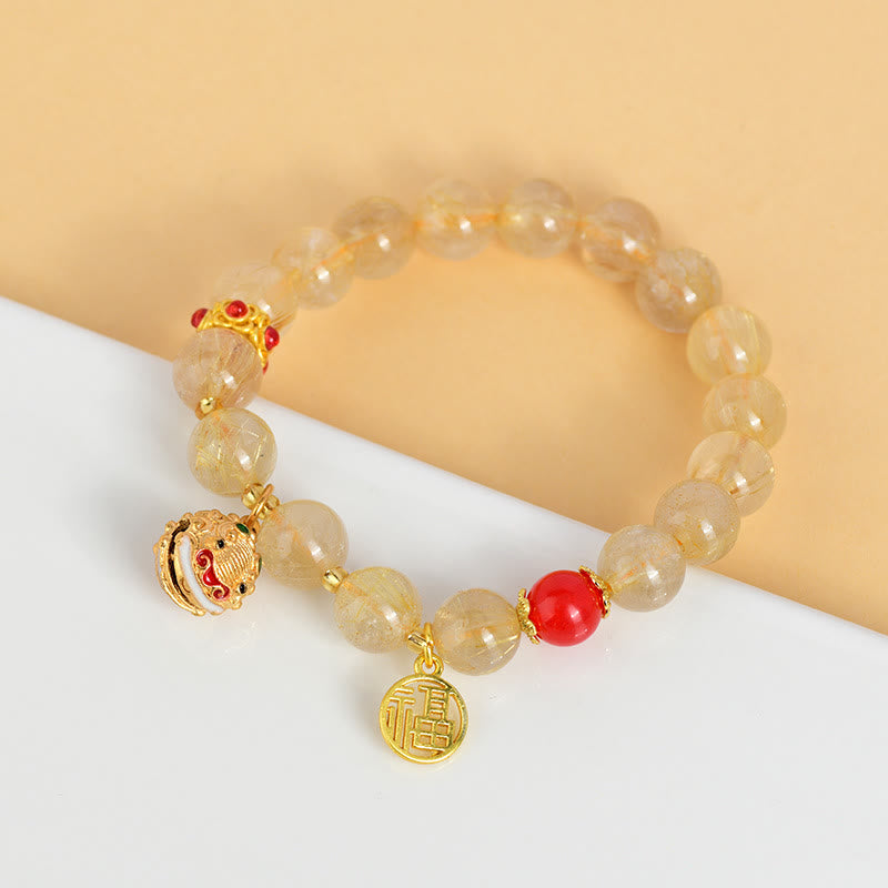 Buddha Stones Natural Golden Rutilated Quartz Fu Character Charm Bell Wealth Bracelet - image 3