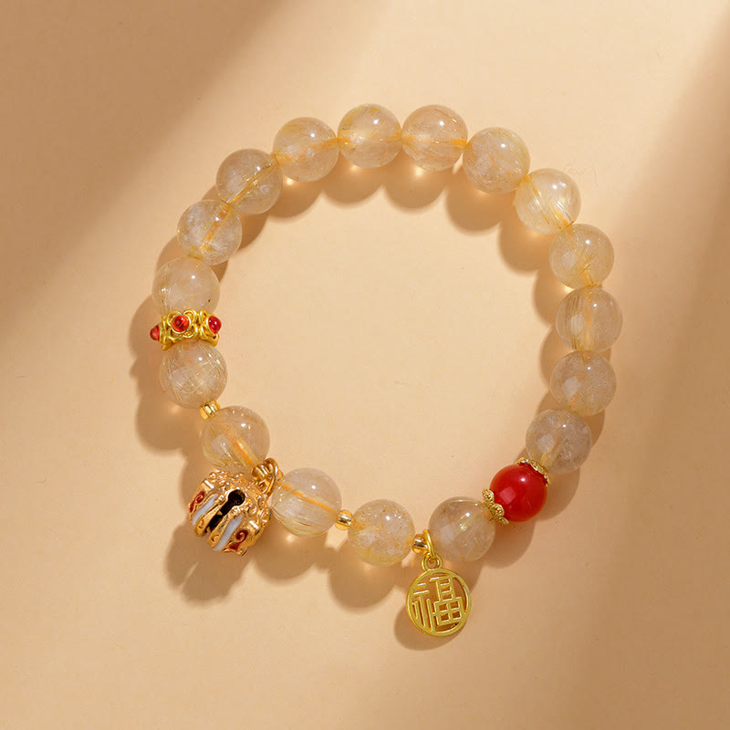 Buddha Stones Natural Golden Rutilated Quartz Fu Character Charm Bell Wealth Bracelet - image 1