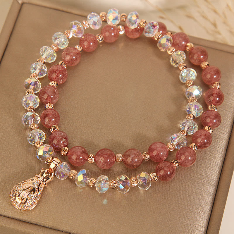 Buddha Stones Strawberry Quartz White Crystal Money Bag Charm Positive Bracelet - image 9