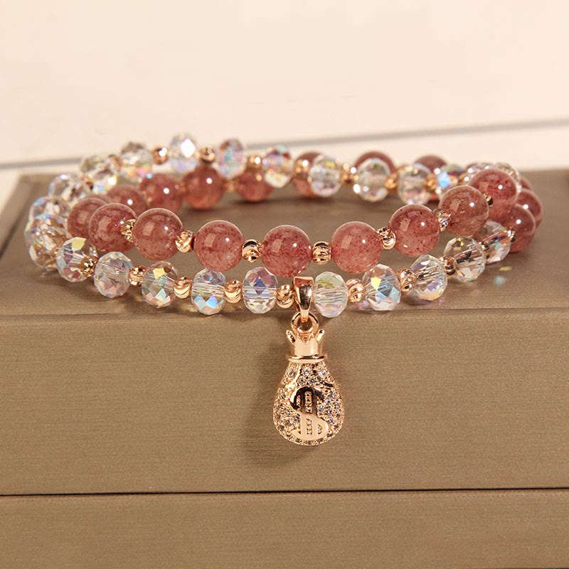 Buddha Stones Strawberry Quartz White Crystal Money Bag Charm Positive Bracelet - image 6