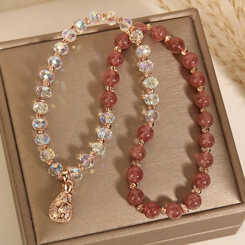 Buddha Stones Strawberry Quartz White Crystal Money Bag Charm Positive Bracelet - image 10