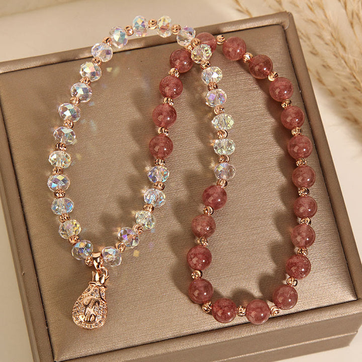 Buddha Stones Strawberry Quartz White Crystal Money Bag Charm Positive Bracelet - image 10