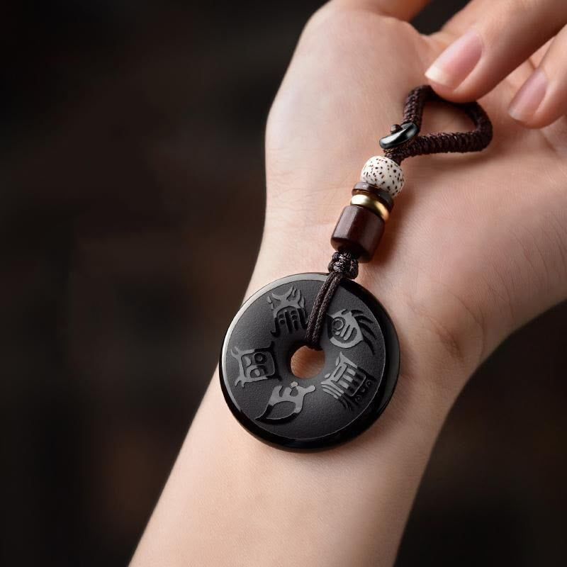 Buddha Stones Black Obsidian Taoism Five Sacred Mountains Carved Strength Peace Buckle Necklace Pendant Key Chain Phone Hanging Decoration - image 6