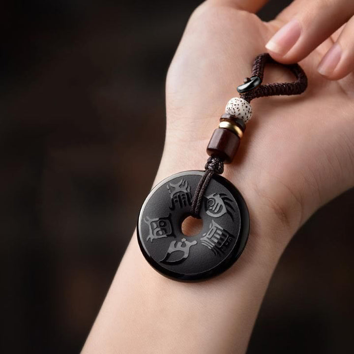 Buddha Stones Black Obsidian Taoism Five Sacred Mountains Carved Strength Peace Buckle Necklace Pendant Key Chain Phone Hanging Decoration - image 6