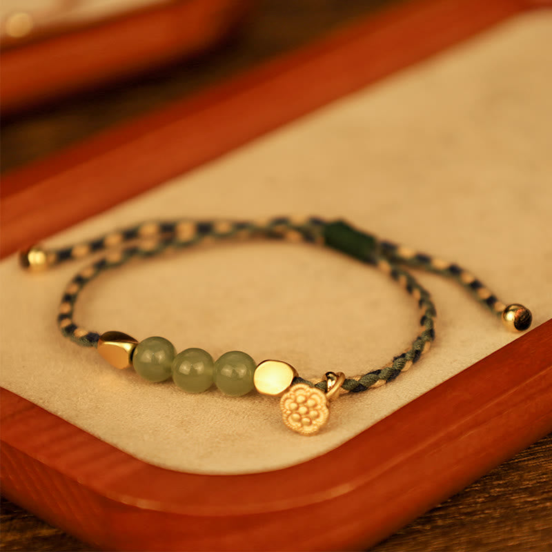 Buddha Stones Handcrafted Hetian Jade Lotus Charm Luck Braided Bracelet - Green Rope(Wrist Circumference 14-16cm) - image 0
