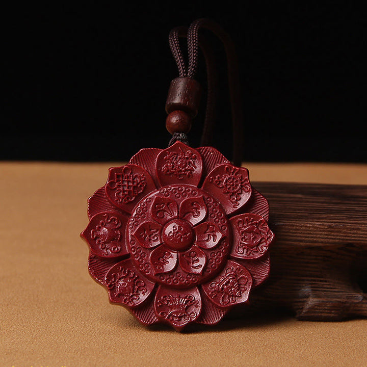 Buddha Stones Natural Cinnabar Lotus Om Mani Padme Hum Blessing Necklace String Pendant - Lotus Shape Cinnabar - image 0