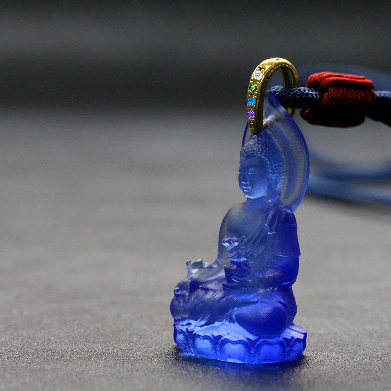 Buddha Stones Blue Tathagata Buddha Medicine Buddha Liuli Crystal Serenity Amulet Necklace Pendant - Dark Blue Medicine Buddha - image 14