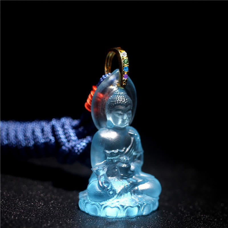 Buddha Stones Blue Tathagata Buddha Medicine Buddha Liuli Crystal Serenity Amulet Necklace Pendant - Light Blue Tathagata Buddha - image 0