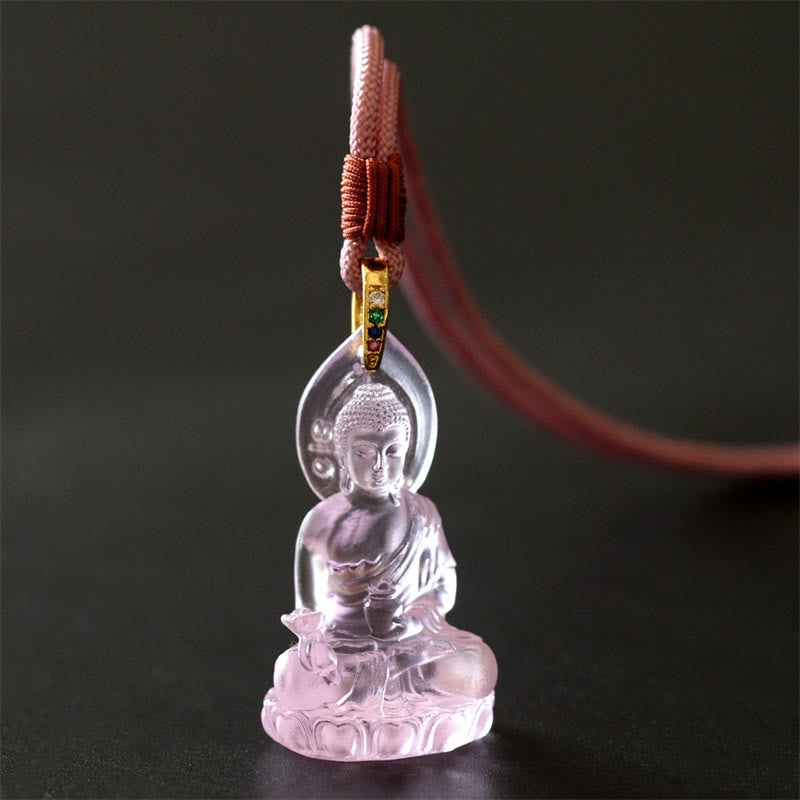 Buddha Stones Blue Tathagata Buddha Medicine Buddha Liuli Crystal Serenity Amulet Necklace Pendant - Pink Medicine Buddha - image 17