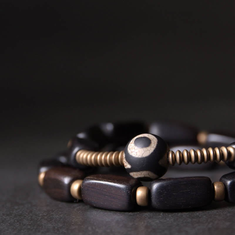 Buddha Stones Tibet Ebony Wood Dzi Bead Copper Balance Double Wrap Bracelet - image 1