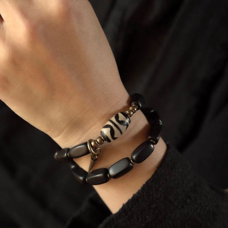 Buddha Stones Tibet Ebony Wood Dzi Bead Copper Balance Double Wrap Bracelet - image 15
