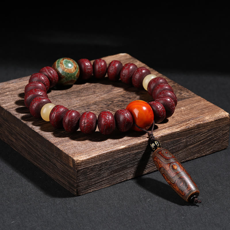 Buddha Stones Tibet Bodhi Seed Dzi Bead Dancing Lion Luck Bracelet Wrist Mala - Bodhi Seed Brown Dzi Bead Wrist Mala - image 0